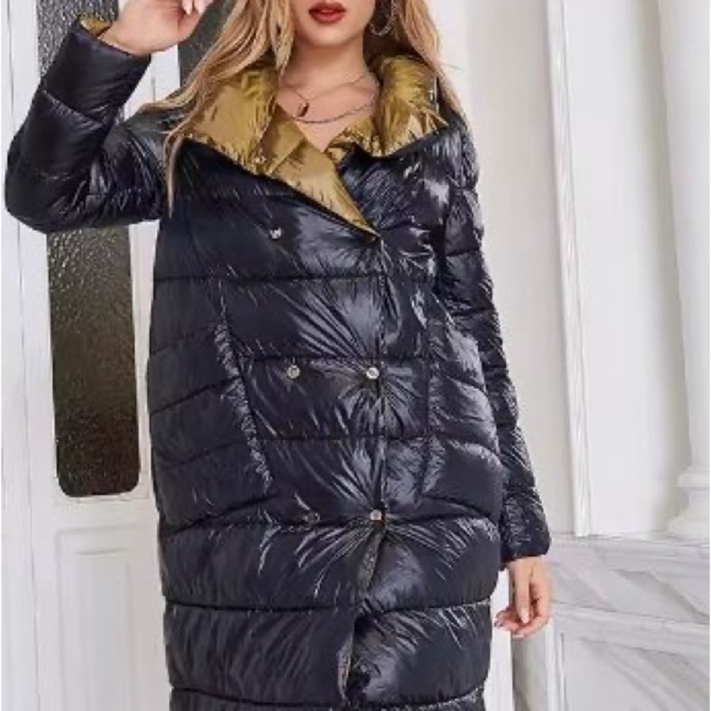 Elegant Black Puffer Coat with Gold Accents